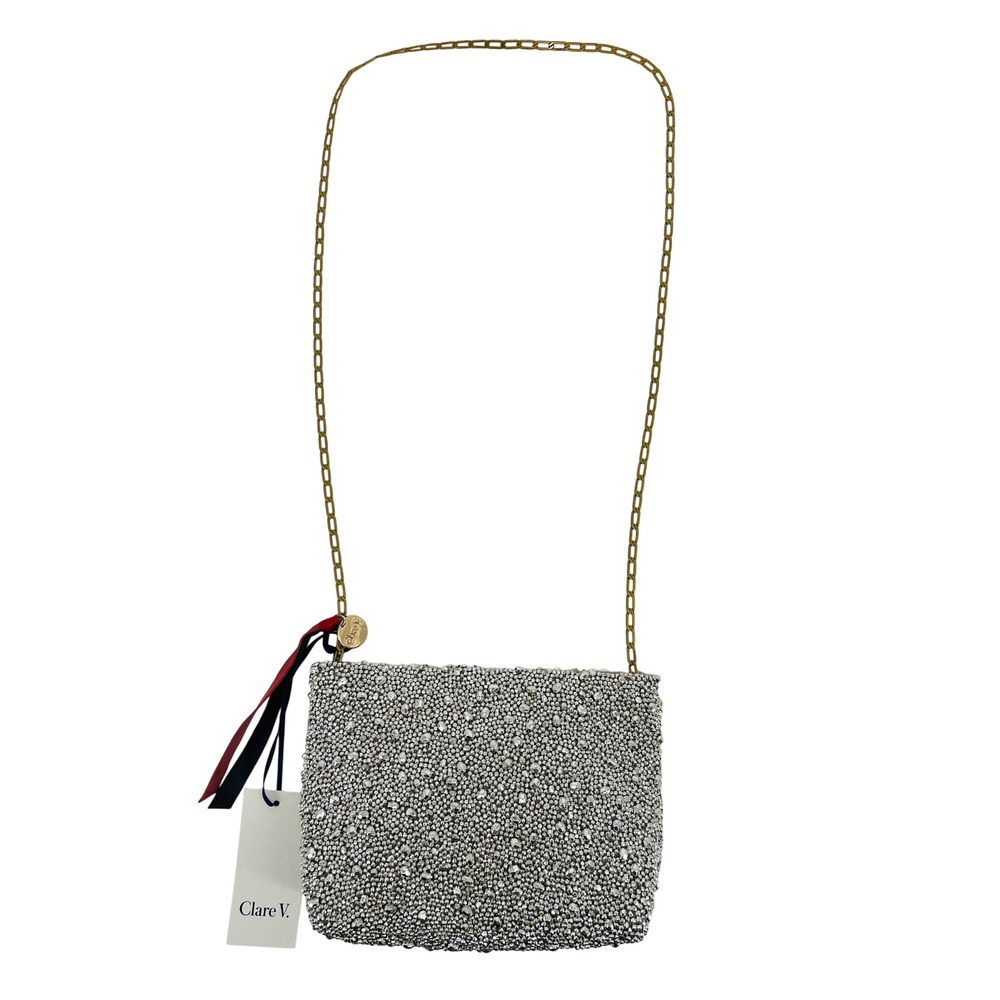 Clare V Estelle Crossbody Bag Women Small Silver Beaded Chain Strap Evening Bag